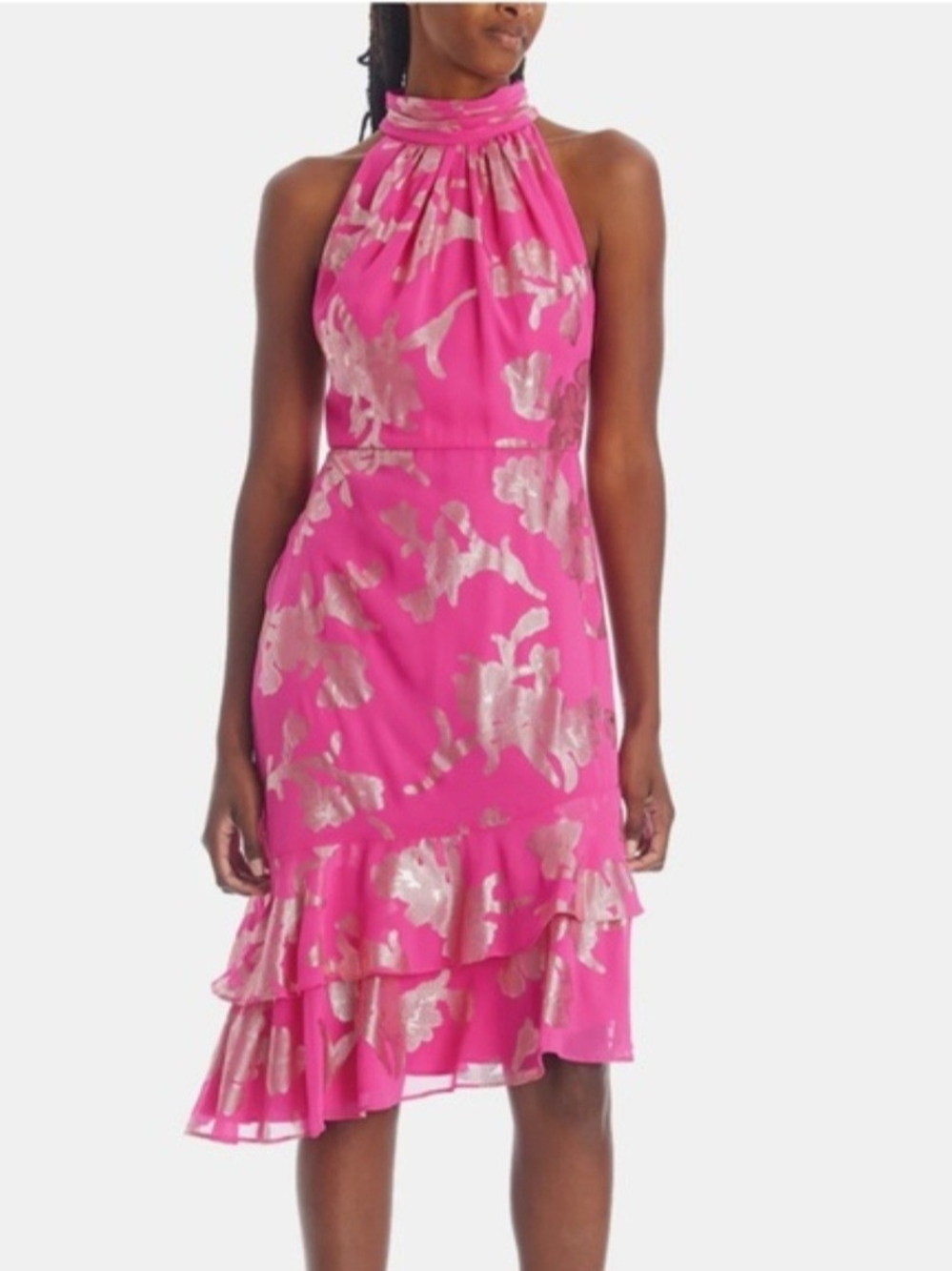 NWOT Adrianna Papell Pink Halter Chiffon Foil Floral Ruffle Dress